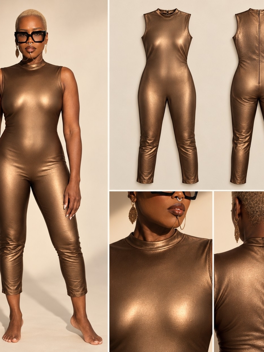Metallic Bronze Sleeveless Cropped Jumpsuit – Back Zip